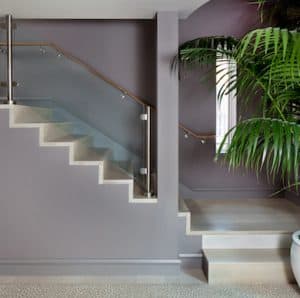 staircase with indoor plant at base